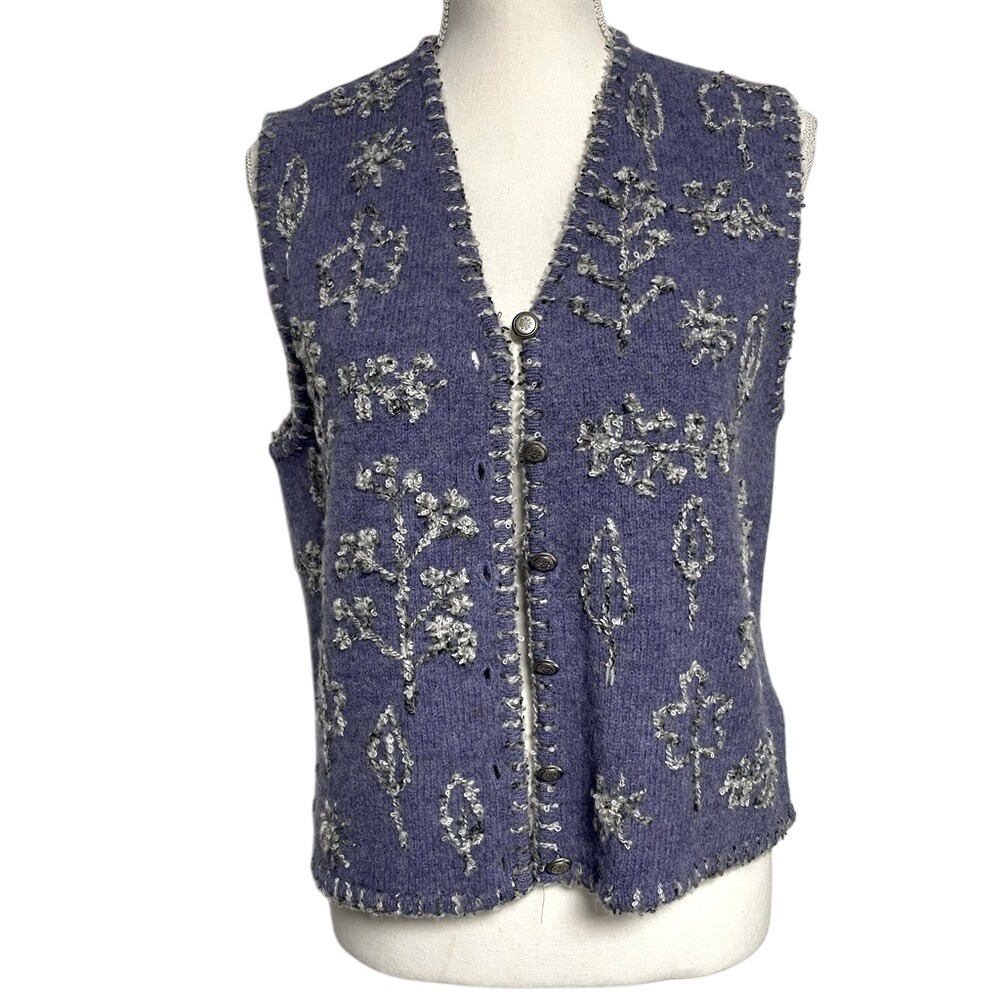Portraits by Northern Isles Vintage Hand Embroidered‎ Wool Sweater Vest Womens M